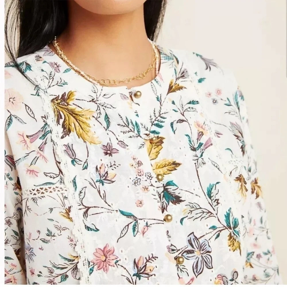 Anthropologie Genevra Lace Trim Peasant Blouse Size Small - Picture 2 of 13